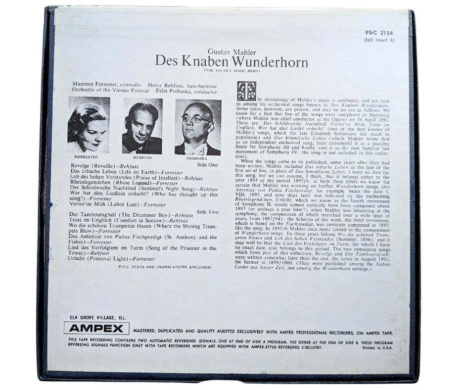 Gustav Mahler, Des Knaben Wunderhorn - 4 Track Stereo Reel to Reel Tapes, 7 1/2 IPS