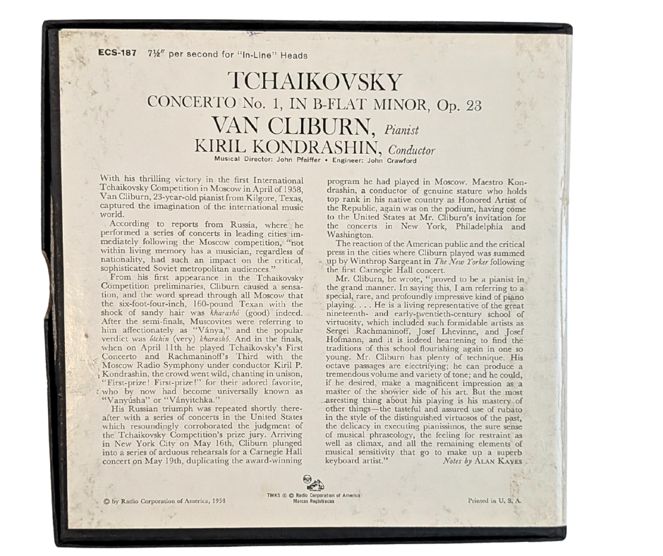 Tchaikovsky: Piano Concerto No. 1, Kiril Kondrashin- 2 Track Reel to Reel Tape, 7 1/2 IPS