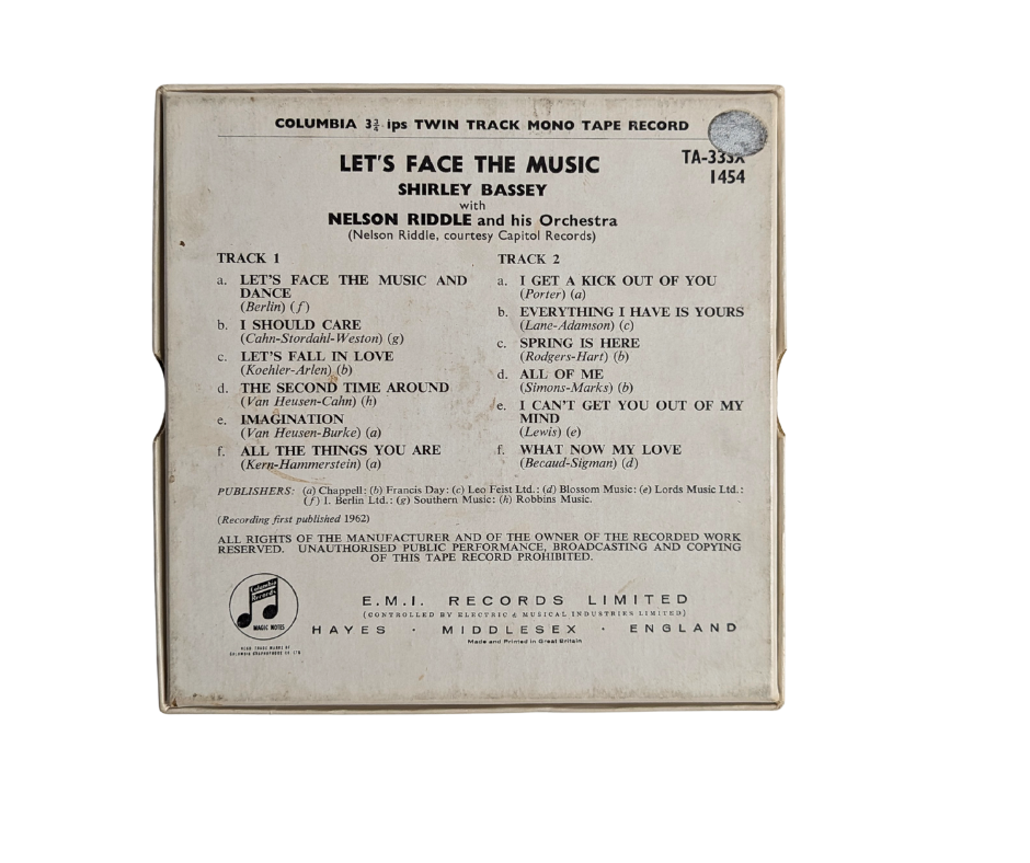 Let's Face the Music, Shirley Bassey- Twin track Mono Reel to Reel Tape, 3 3/4 IPS