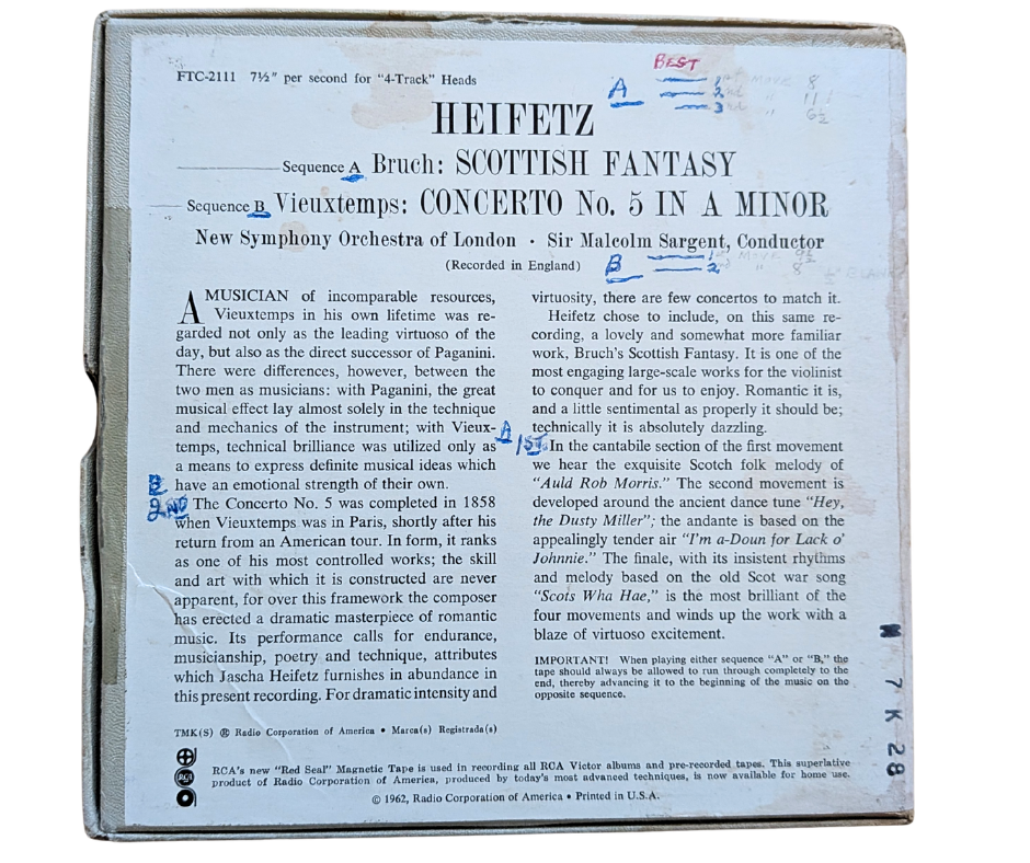 Scottish Fantasy / Concerto No. 5 - Jascha Heifetz - Reel to Reel Tape, 4 Track 7 1/2 IPS
