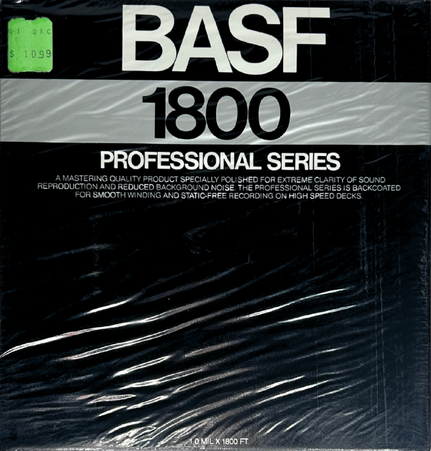 BASF Professional Series blank reel to reel tape box showing recording and playback specifications, 7 inch 1800 ft backcoated mastering tape on metal reel