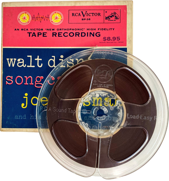 Front cover of RCA Victor BP-36 reel-to-reel tape “Walt Disney Song Carousel – Joe Reisman and his orchestra and chorus” with red and blue vintage artwork.