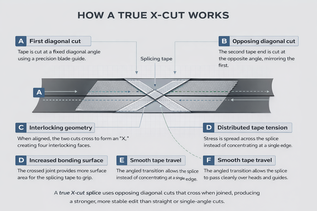 True X-cut reel-to-reel tape splicing diagram