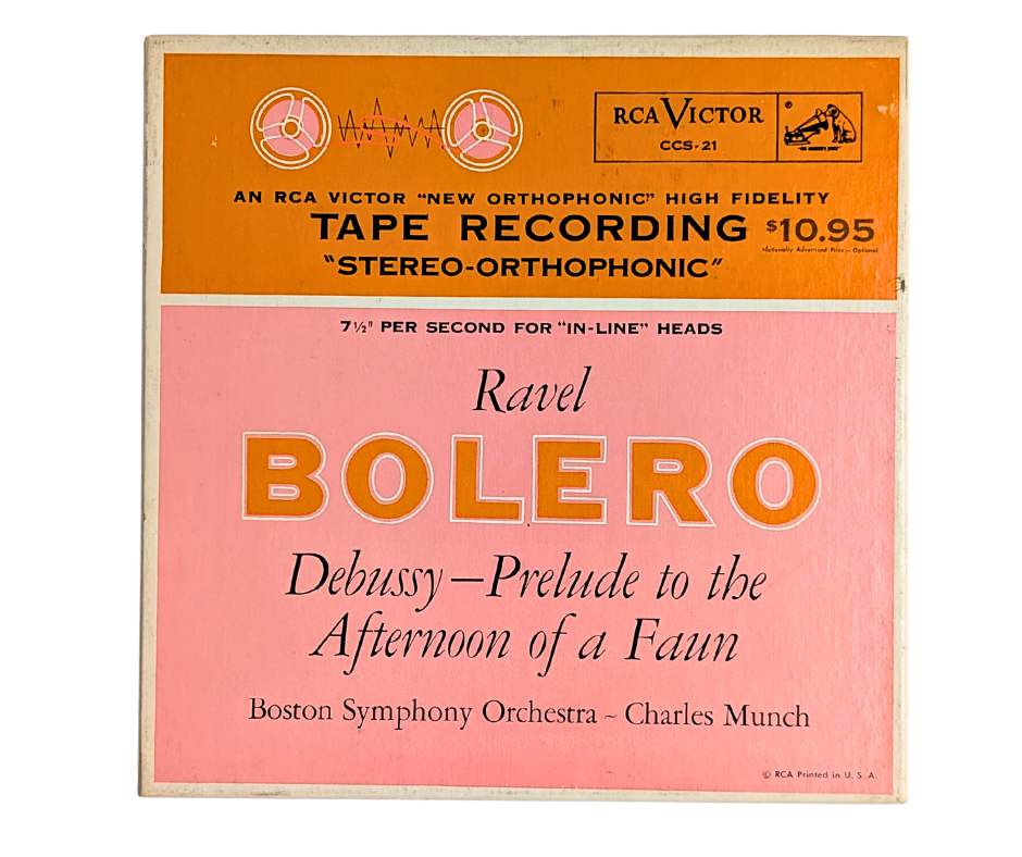 RCA Victor tape recording cover for Ravel's Bolero and Debussy's Prelude to the Afternoon of a Faun, featuring the Boston Symphony Orchestra and Charles Munch.