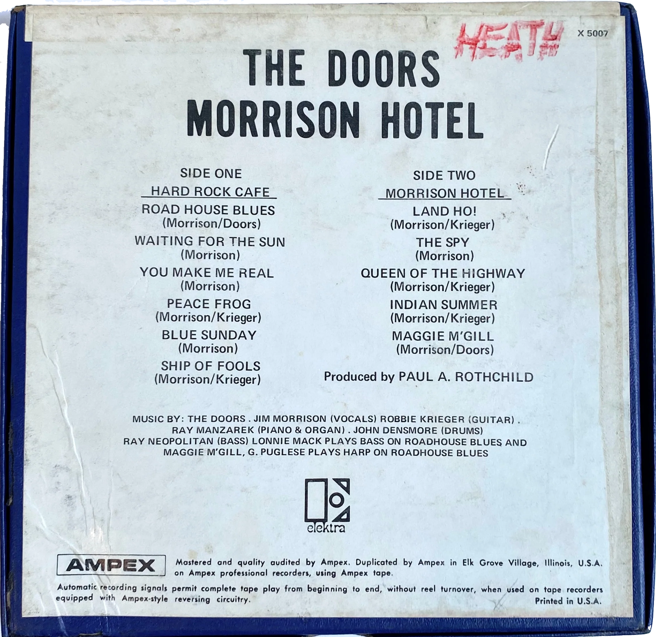 Morrison Hotel reel to reel box showing full track listing and credits for The Doors album
