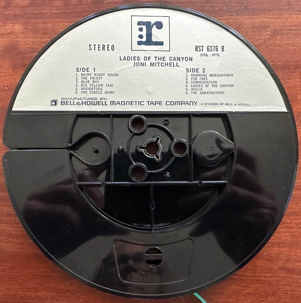 Close up of reel label Joni Mitchell Ladies of the Canyon RST 6376 B stereo 3 3/4 IPS manufactured by Bell & Howell