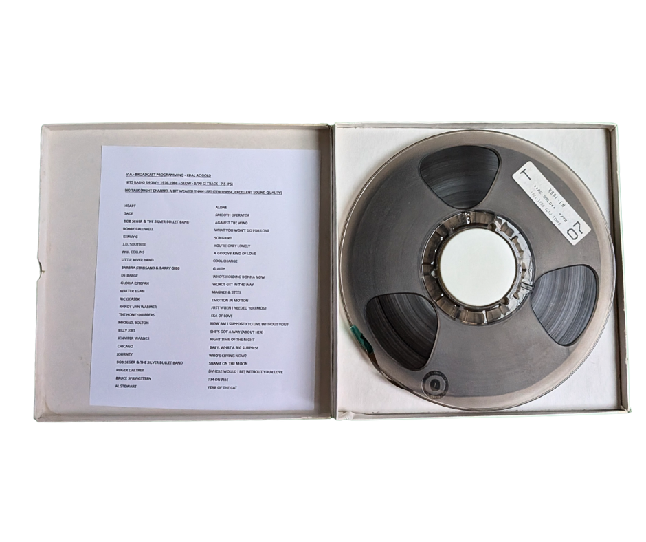 Open broadcast tape box with printed cue sheet for KDAL AC Gold AM Gold FM reel to reel program