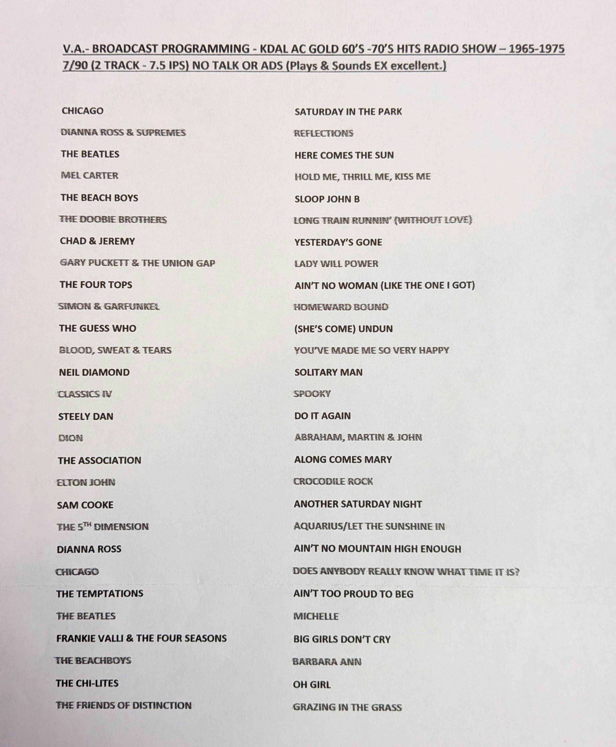 KDAL AC Gold 60’s–70’s Hits Radio Show- 2 Track Reel to Reel Tape, 7 1/2 IPS