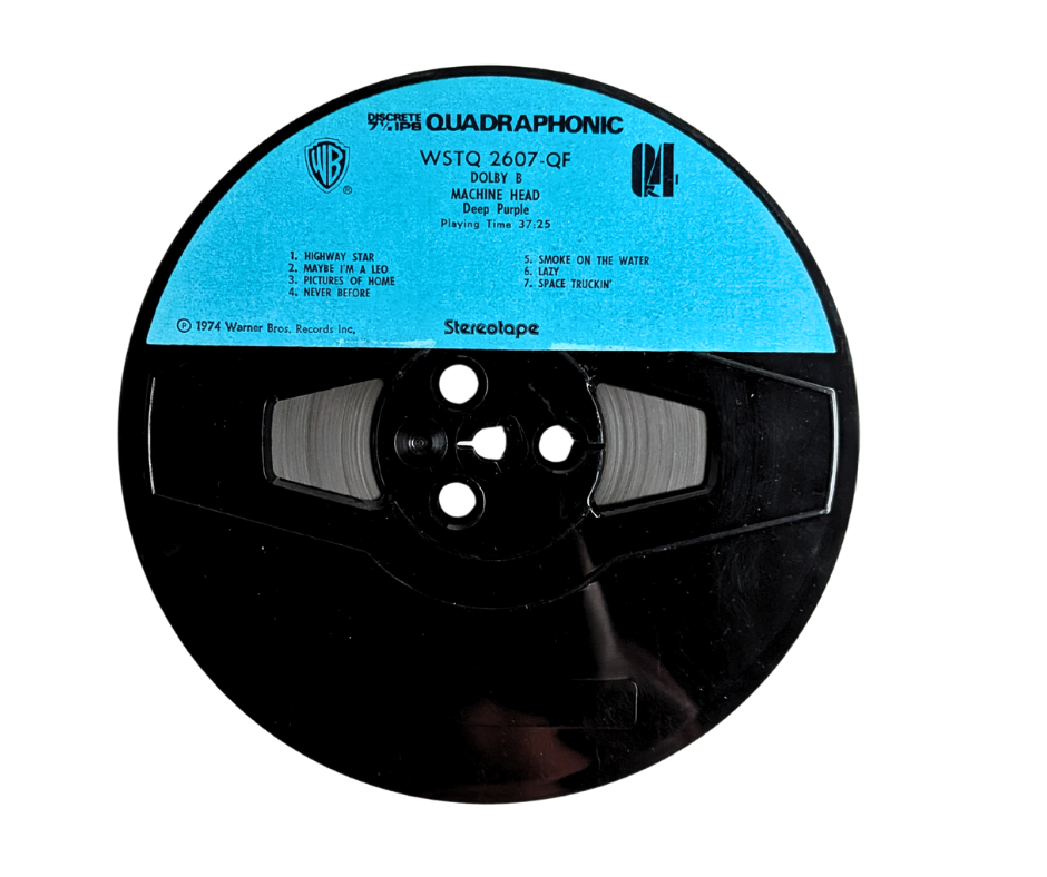 Discrete quadraphonic 4-channel reel-to-reel tape of Deep Purple’s Machine Head. WSQ 2607-QF, 7½ IPS, Dolby B. Track list includes Smoke on the Water.